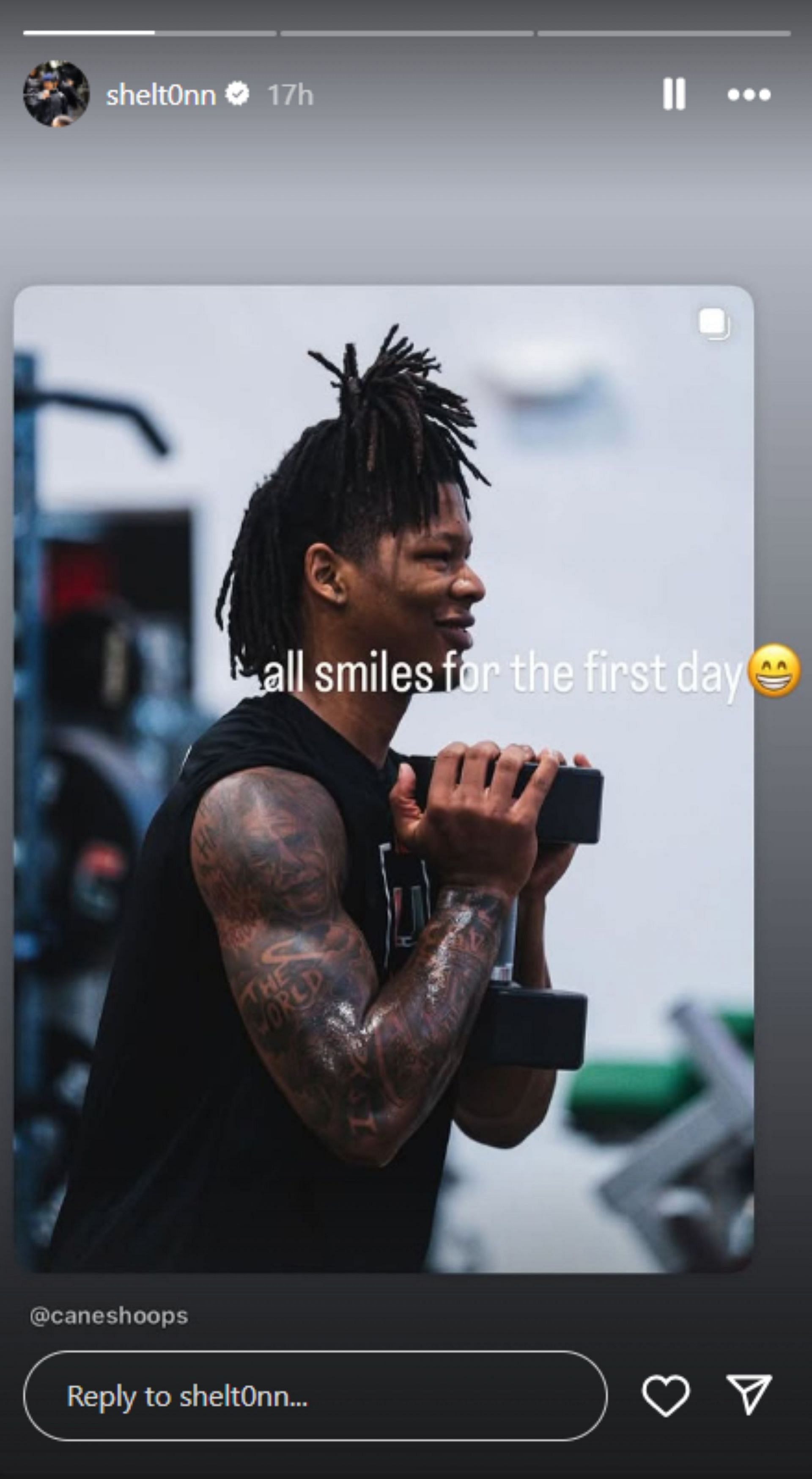 5-star Miami signee Shelton Henderson is "all smiles" as he arrives on the first day of training with Jai Lucas' squad (Image via Instagram @shelt0nn)